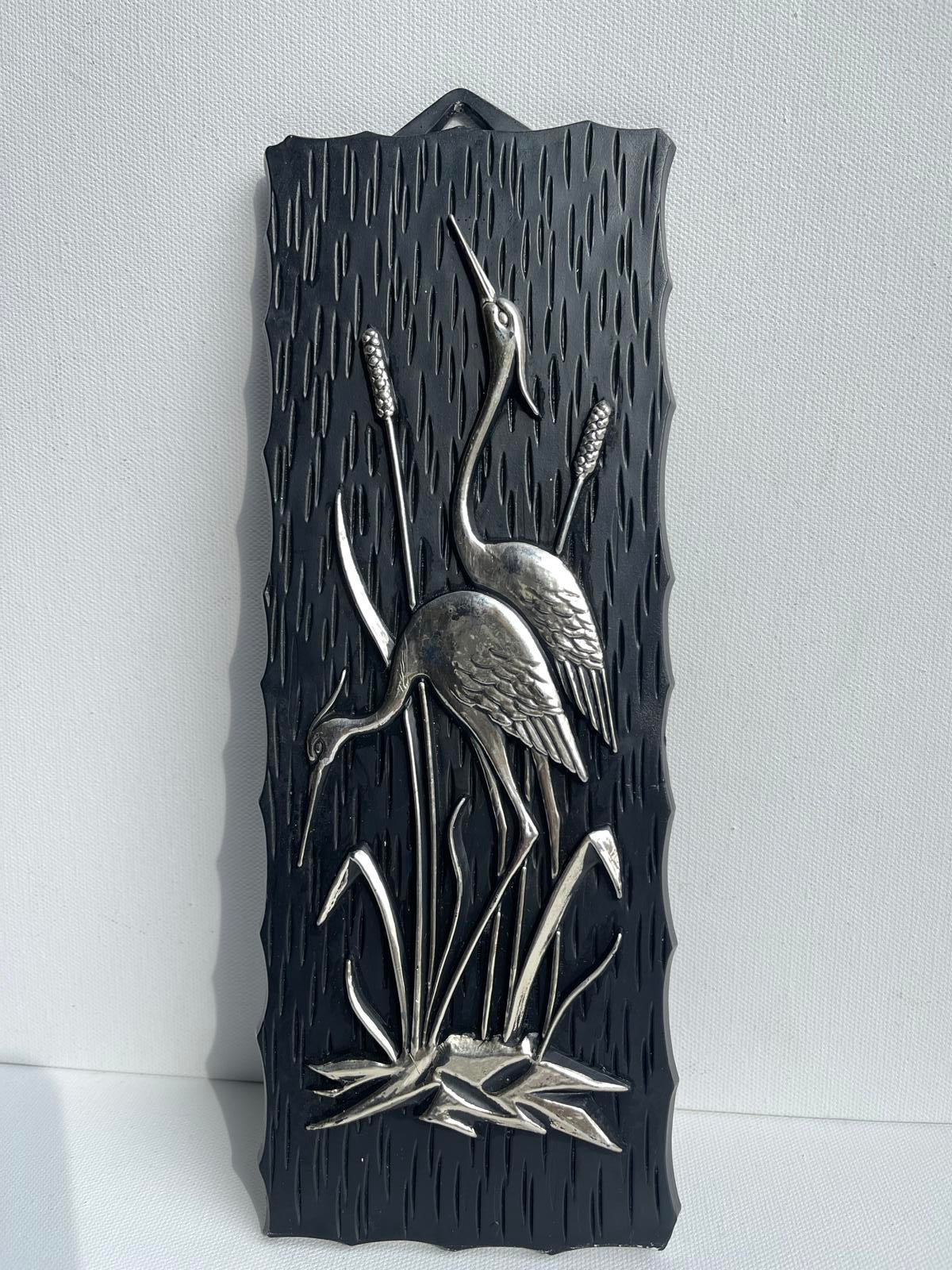 Vintage plastic rectangular wall panel herons water reeds Made in West Germany