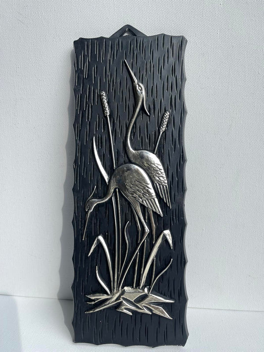 Vintage plastic rectangular wall panel herons water reeds Made in West Germany