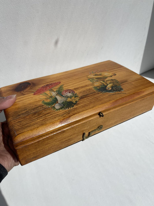 Vintage wooden box with forest mushrooms Whimsical home decor trinkets box