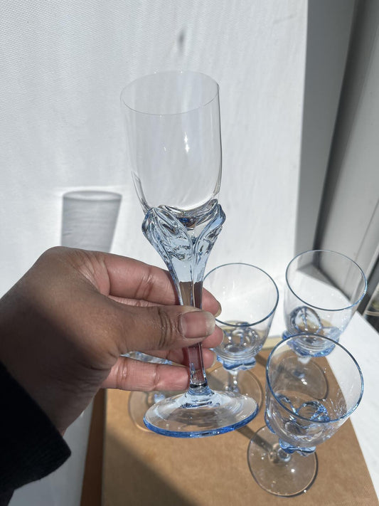 Vintage Bormioli blue tulip stemmed glass, Italian art glass goblet with elegant blue stem, retro drinking glass for wine or water, Mid Century Modern glassware, collectible barware and stylish home entertaining.