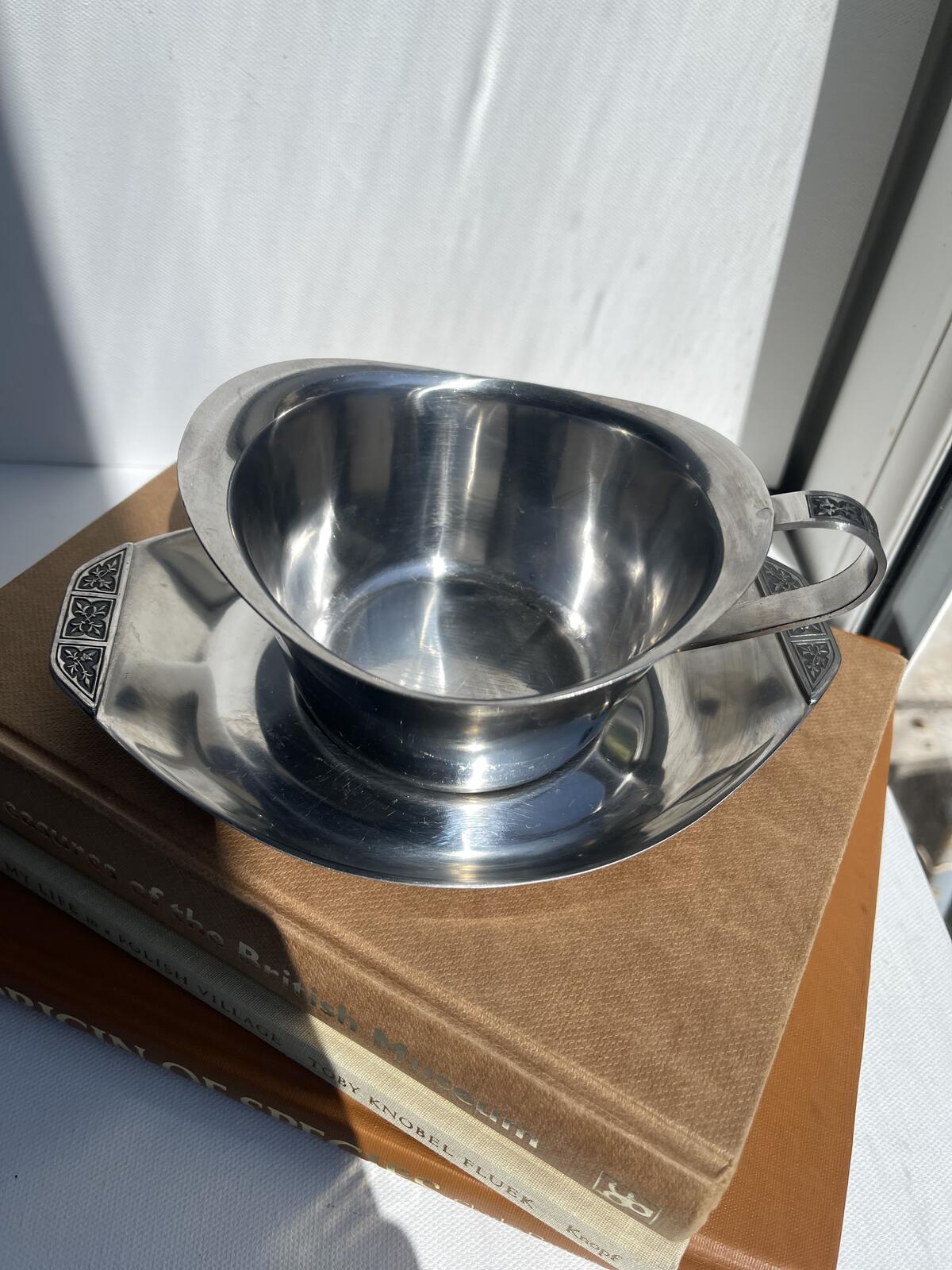 Vintage Japanese steel sauce jug and plate