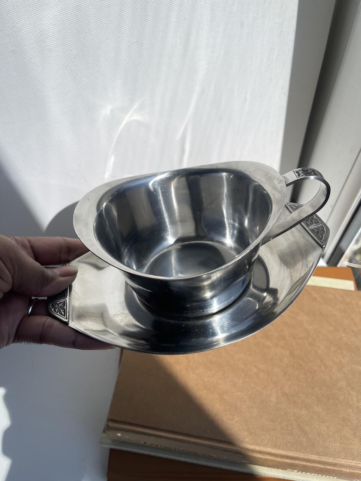 Vintage Japanese steel sauce jug and plate