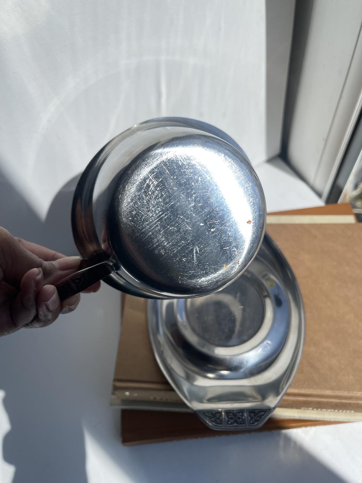 Vintage Japanese steel sauce jug and plate