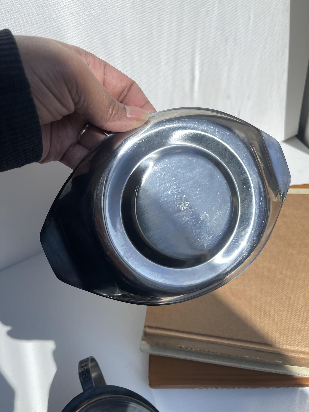 Vintage Japanese steel sauce jug and plate