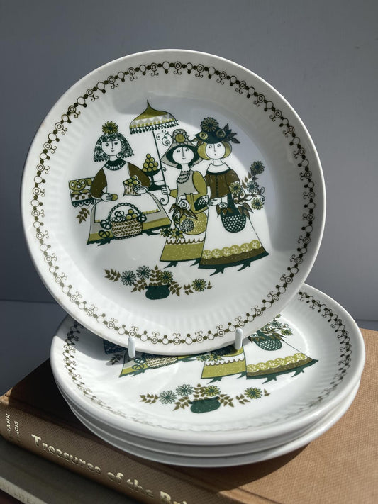 Set of 4 vintage Figgjo Flint Norway breakfast and salad plates, 1960s Turi Market design, Scandinavian mid-century modern ceramic tableware, retro kitchen decor, collectible Norwegian dinnerware.