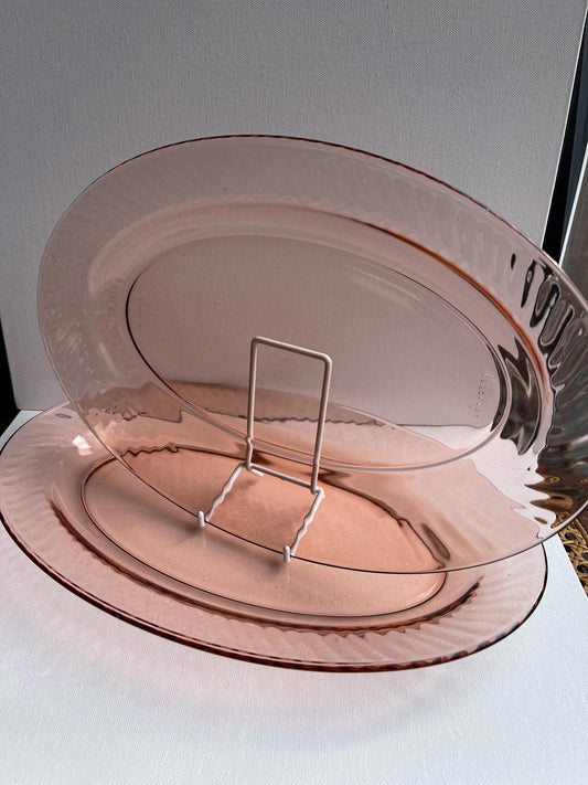 Set of 2 Vintage France Pink Glass Oval Platters by Arcoroc Rosaline pattern