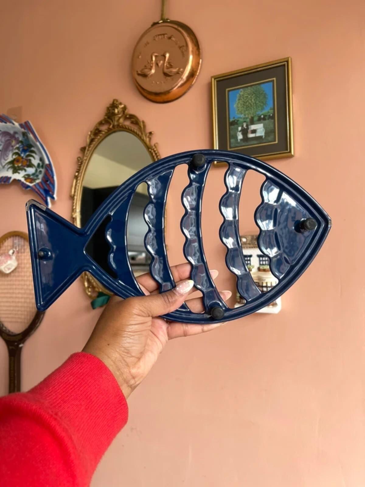 Vintage large fish trivet pot stand dark blue navy trivet kitchenware