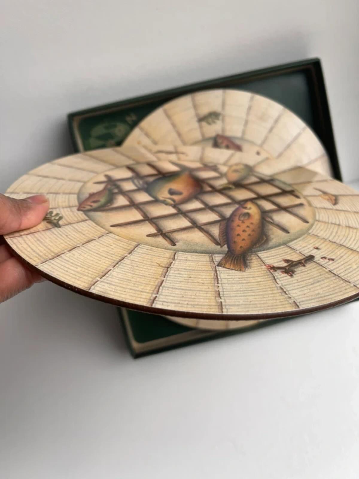 Vintage set of 5 illustrated fish and lattice placemats
