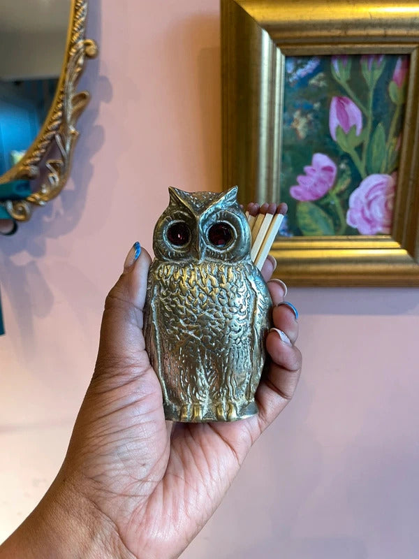 Antique Victorian solid brass owl vesta match holder with glass eyes, collectible English match safe, novelty tobacco accessory, decorative desk ornament, rare brass owl home decor and unique gift for collectors.
