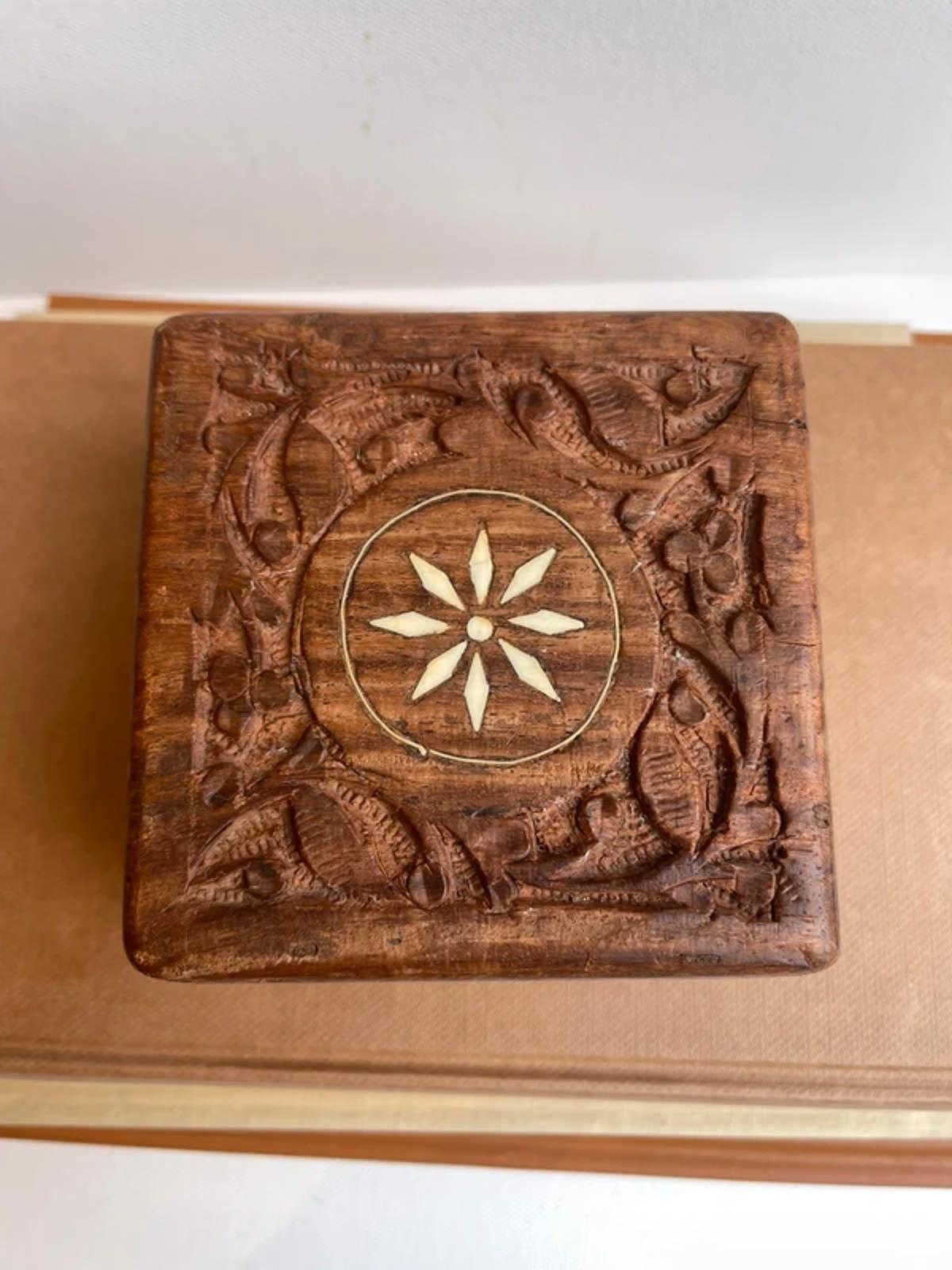 Vintage Indian rosewood hand carved box with inlay