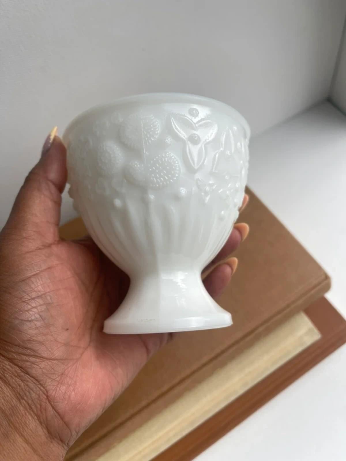 Vintage Avon Milk Glass Trinket Holder, Lidded Embossed Floral jar, White Glass Candy jar