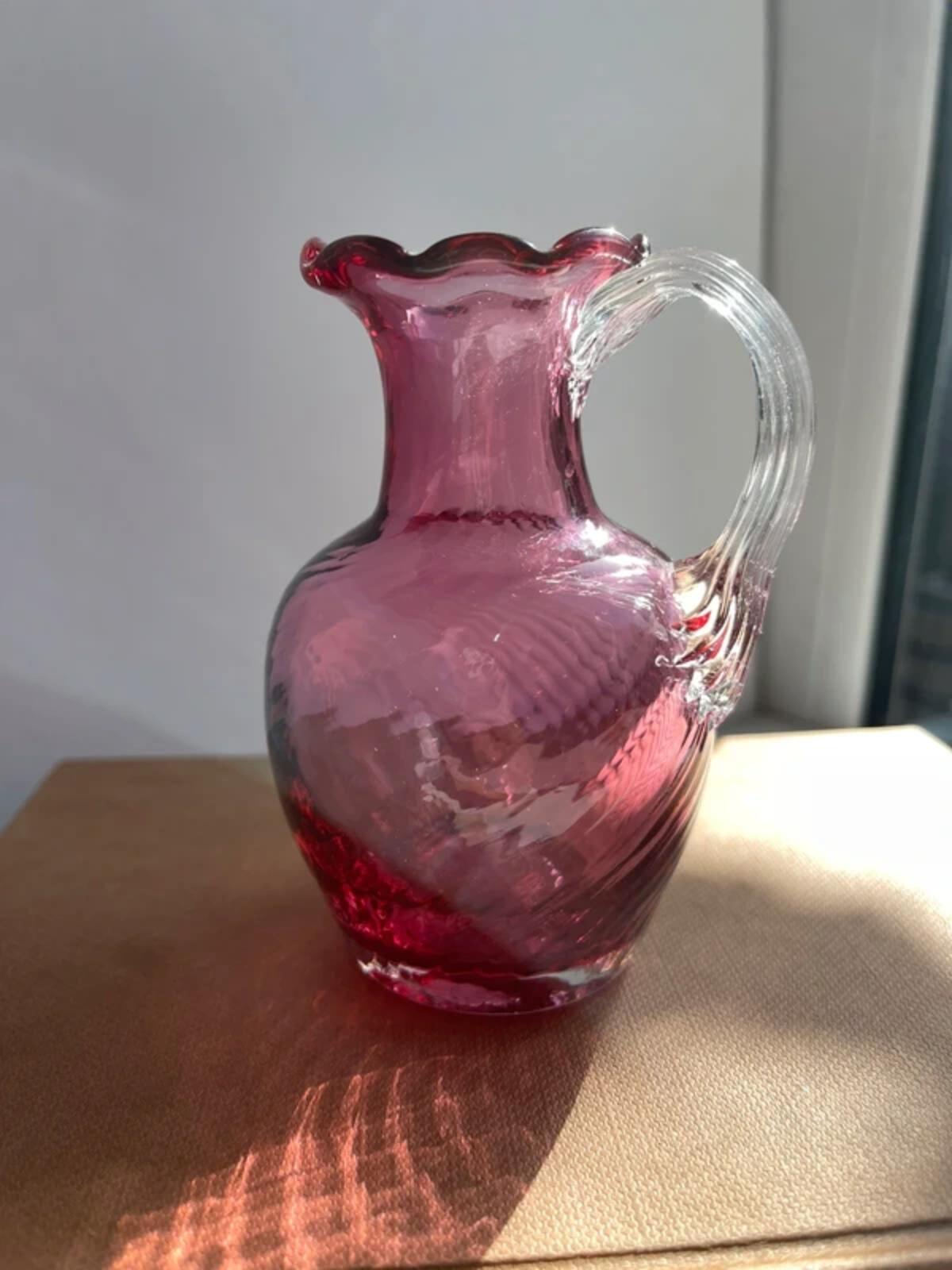 2 Vintage small hand blown cranberry glass jugs bud vases