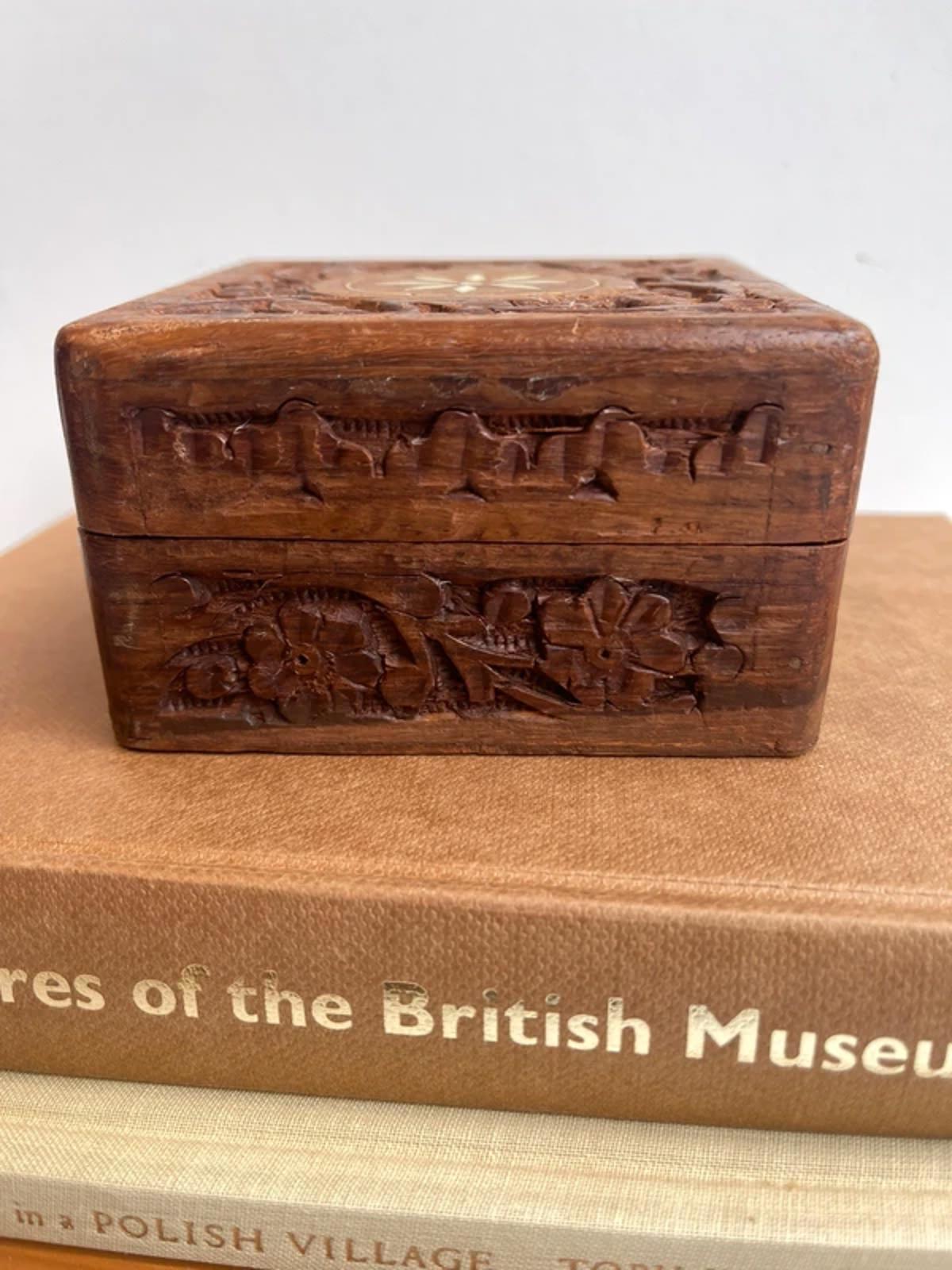 Vintage Indian rosewood hand carved box with inlay