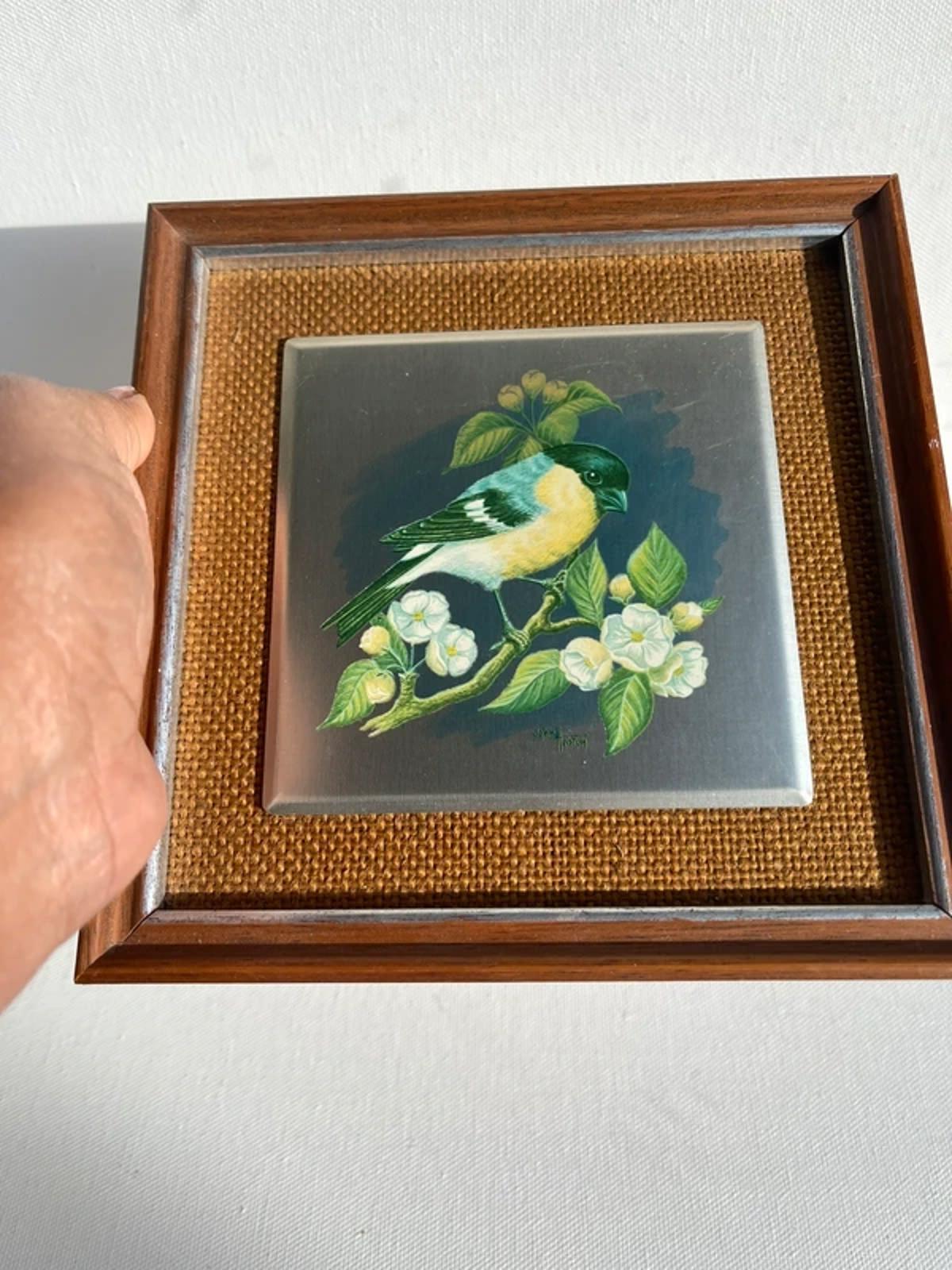 Vintage aluminium tiled handpainted bird in frame