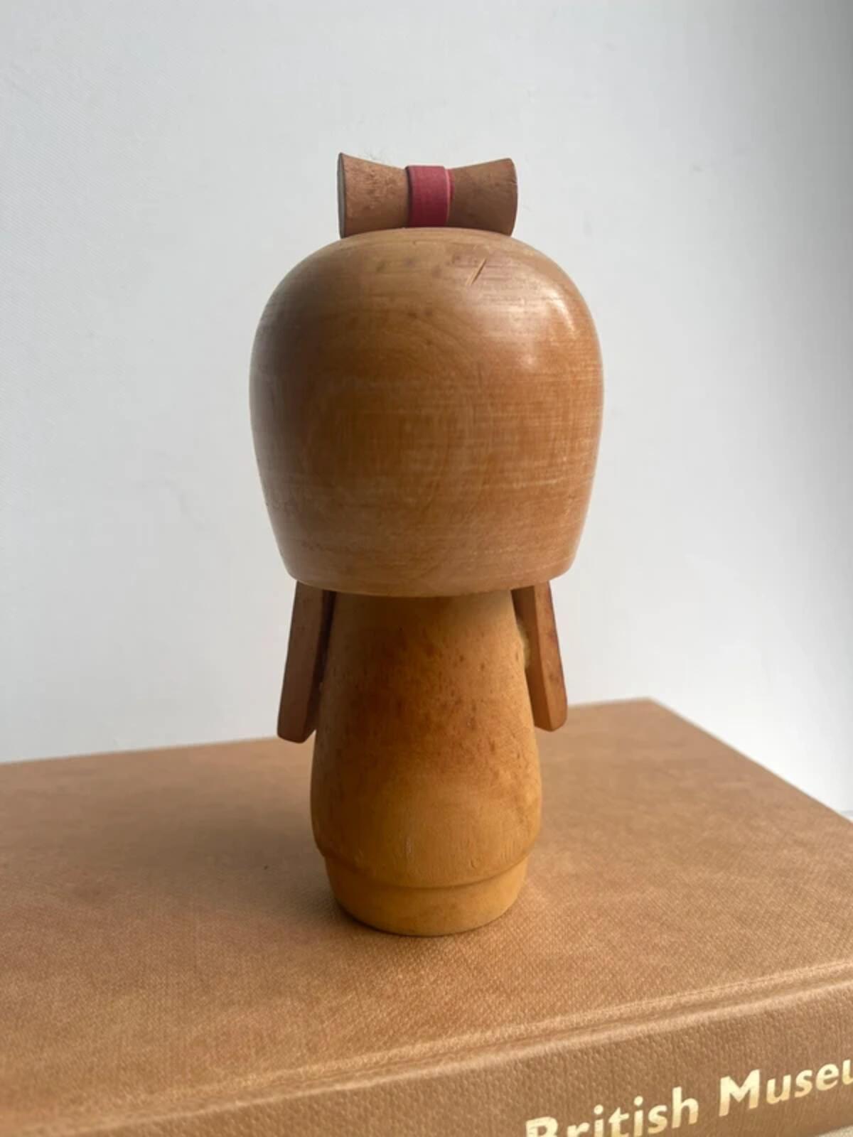 Vintage Japanese Kokeshi Doll Wooden Hand Painted Peach Kimono Red Bow