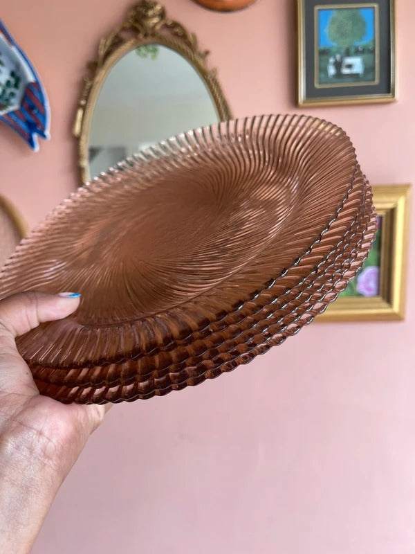 Vintage Pasabahce Pink Glass Dinner Plate 9.5” Shell Swirl Pattern Plates