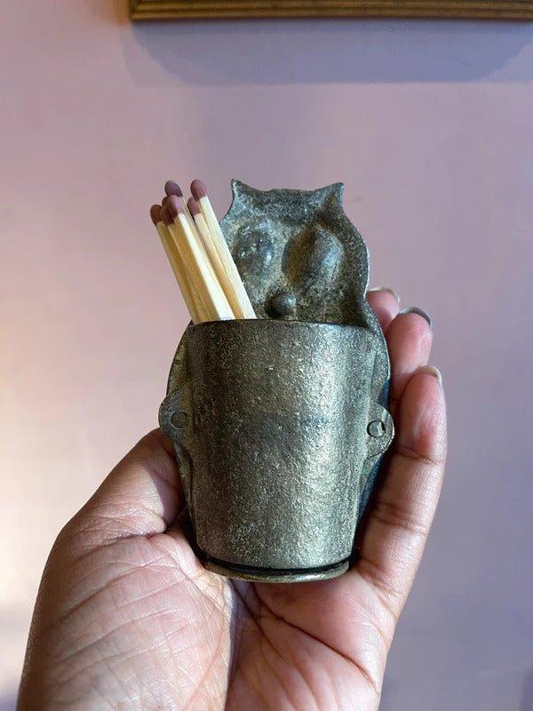 Antique Victorian solid brass owl vesta match holder with glass eyes, collectible English match safe, novelty tobacco accessory, decorative desk ornament, rare brass owl home decor and unique gift for collectors.