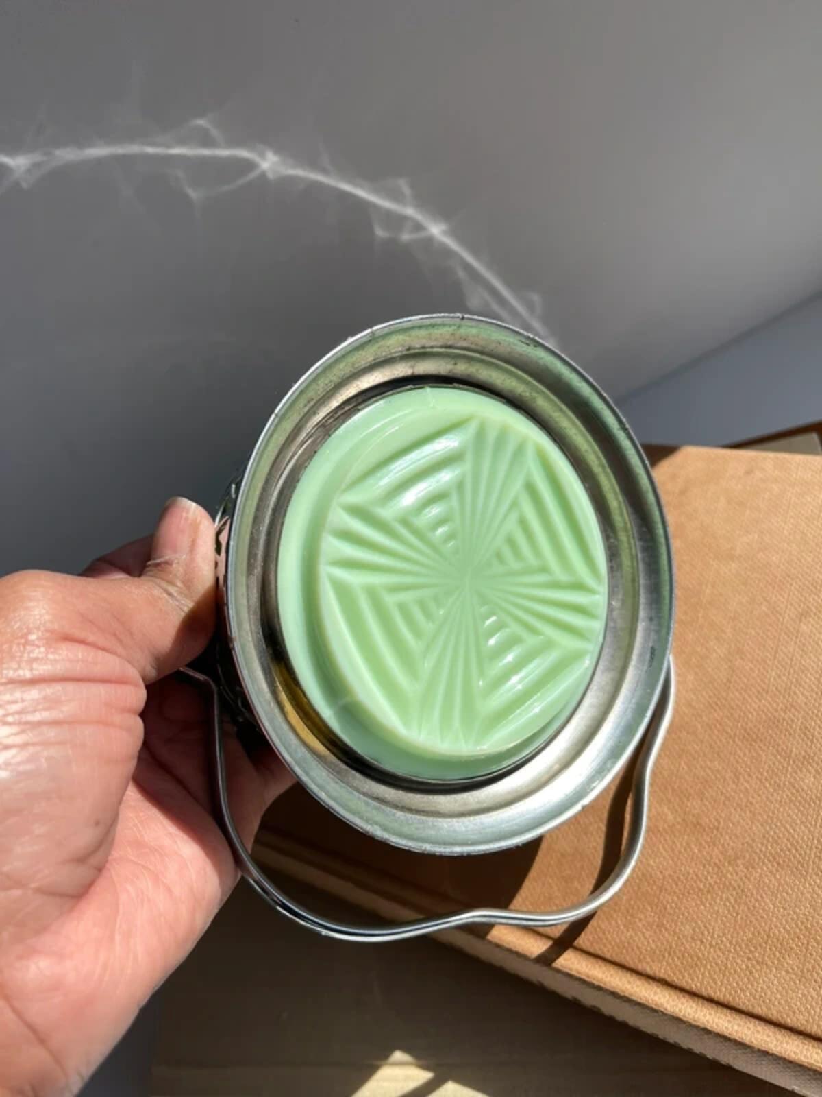 Vintage mint green Milk Glass Preserve Pot: Lucite Flower Lid, 1950s