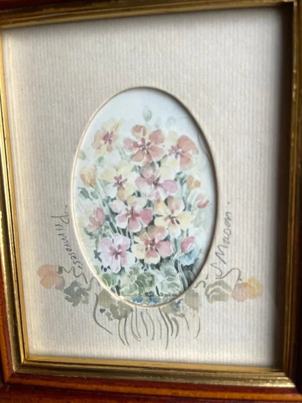 Vintage miniature oval framed floral watercolour print in wooden frame, botanical wall art, cottagecore home decor, traditional gallery wall accent, rustic farmhouse styling and charming vintage floral display.