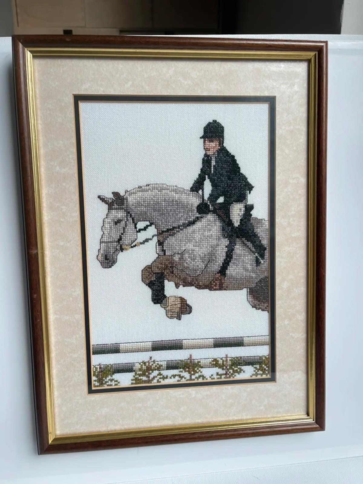 Vintage 1990s cross stitch equestrian design horse jumping wall art