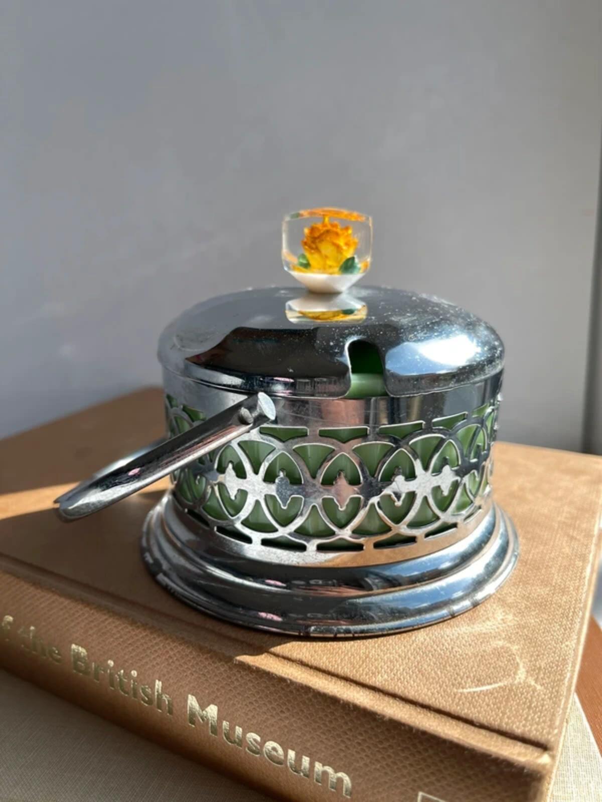 Vintage mint green Milk Glass Preserve Pot: Lucite Flower Lid, 1950s