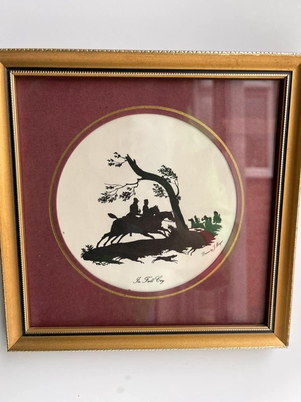 Vintage framed silhouette print drawn by J Morgan titled “In Full Cry”