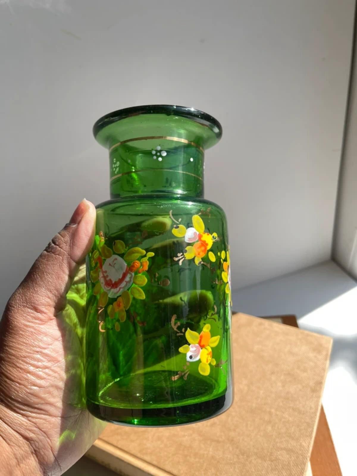 Vintage hand blown green glass hand painted florals