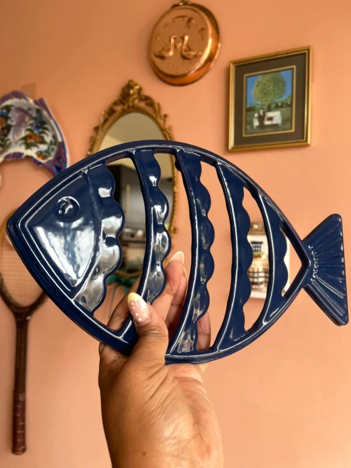 Vintage large fish trivet pot stand dark blue navy trivet kitchenware