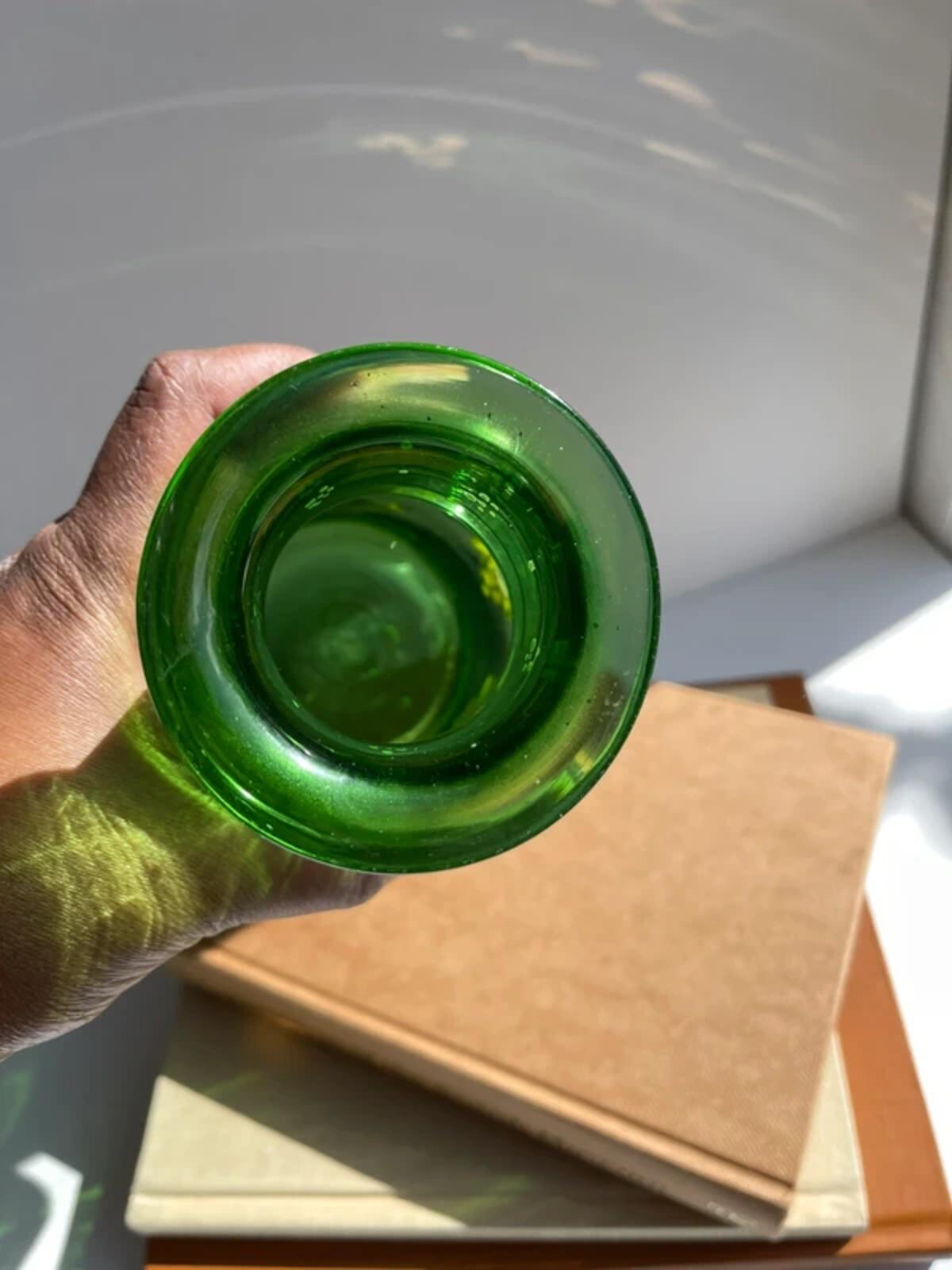 Vintage hand blown green glass hand painted florals