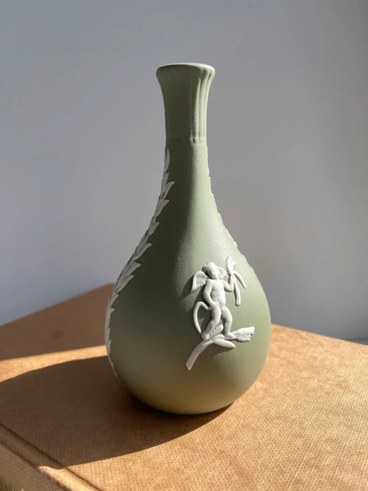 Vintage Wedgwood sage green Cherubs Cylinder Vase