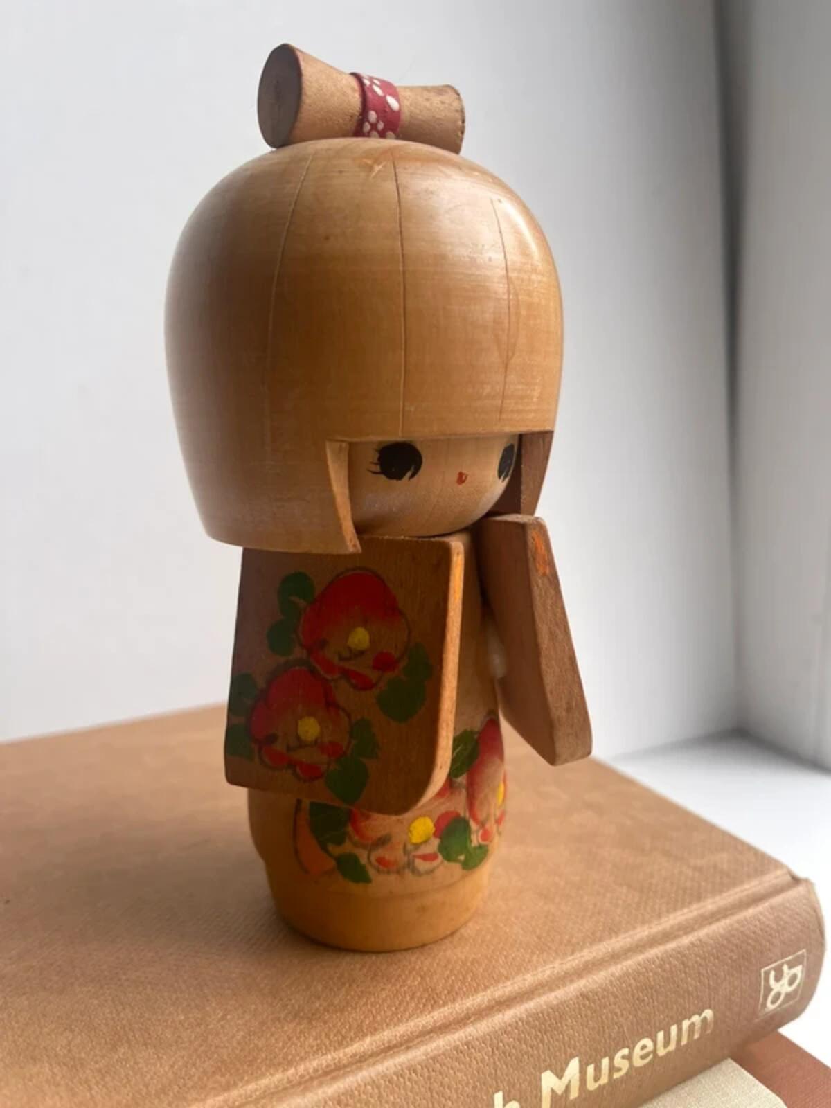 Vintage Japanese Kokeshi Doll Wooden Hand Painted Peach Kimono Red Bow