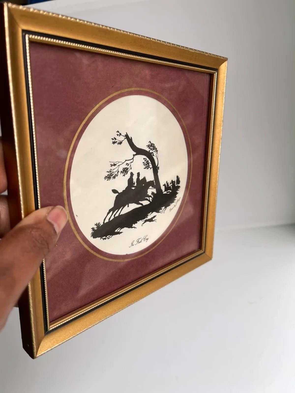 Vintage framed silhouette print drawn by J Morgan titled “In Full Cry”
