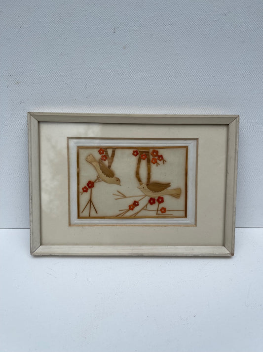 Vintage handcrafted wheat straw bird wall art from Bangladesh, framed nature-inspired straw marquetry artwork, cottagecore home decor, rustic farmhouse wall hanging, folk art bird picture and unique vintage gallery wall accent.