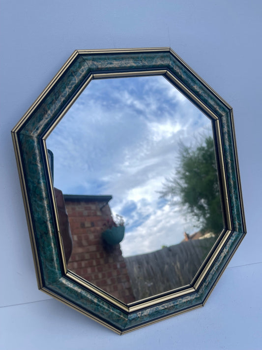 Vintage octagonal Art Deco style wall mirror, never used decorative hanging mirror, geometric statement wall decor, elegant hallway, bedroom or bathroom mirror, vintage home styling and timeless interior accent.