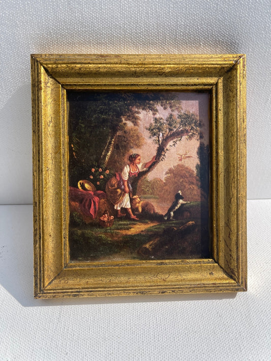 Vintage miniature gold framed country landscape print, ornate framed countryside wall art, traditional gallery wall decor, cottagecore home styling, classic vintage artwork and charming collectible display piece.