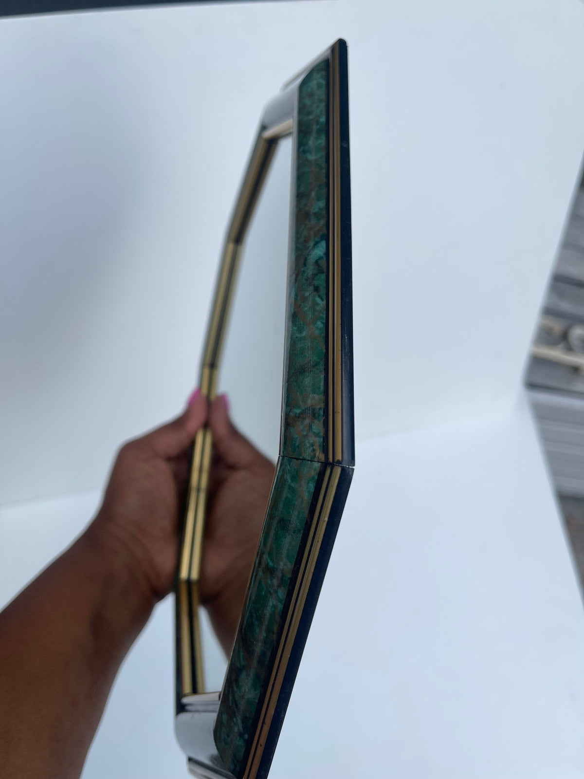 Vintage octagonal Art Deco style wall mirror, never used decorative hanging mirror, geometric statement wall decor, elegant hallway, bedroom or bathroom mirror, vintage home styling and timeless interior accent.