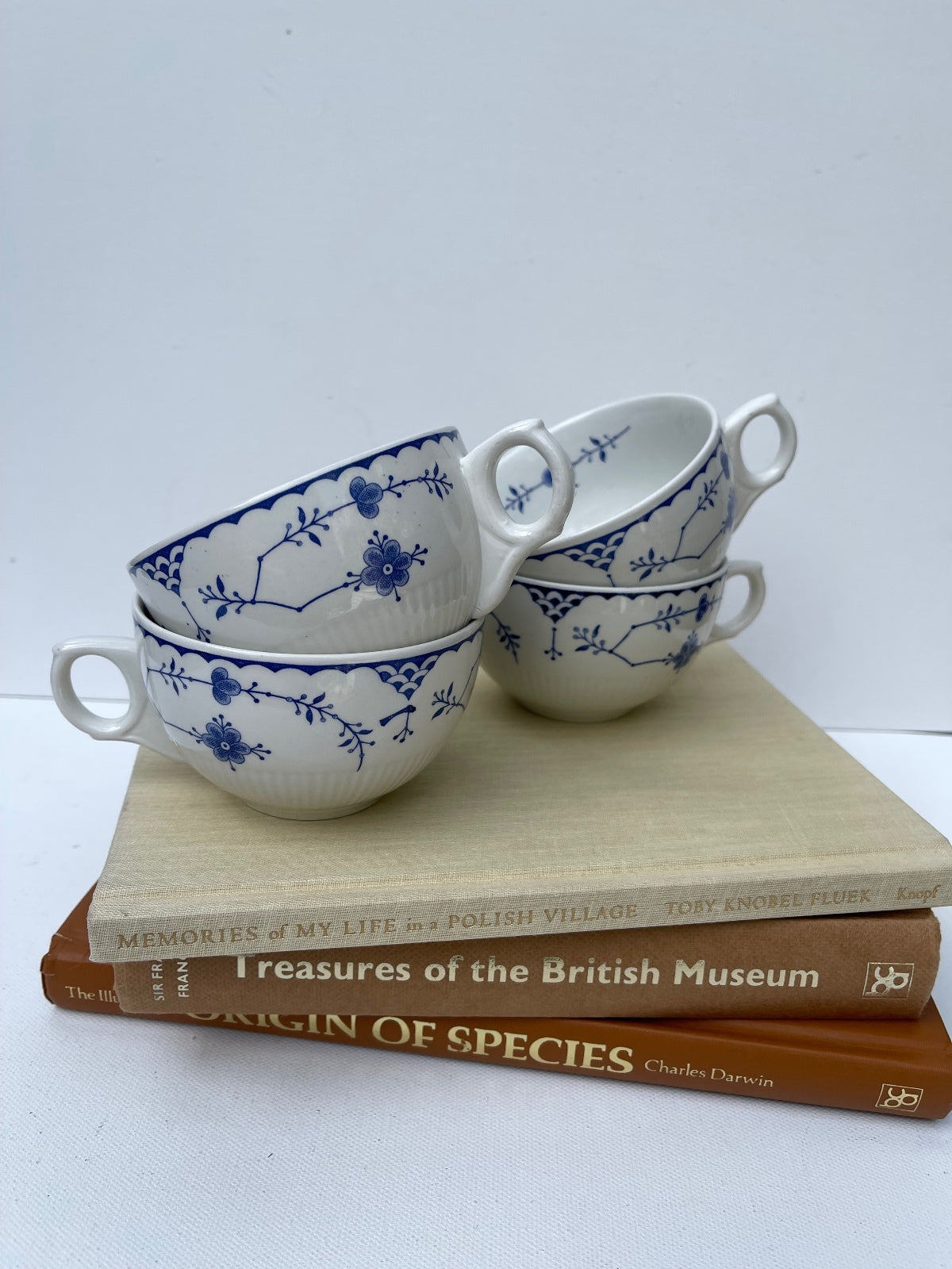 Set of 4 vintage Furnivals Denmark blue and white tea cups, English ironstone tableware with classic transferware design, cottagecore kitchen decor, farmhouse dining, collectible vintage china and traditional tea set.