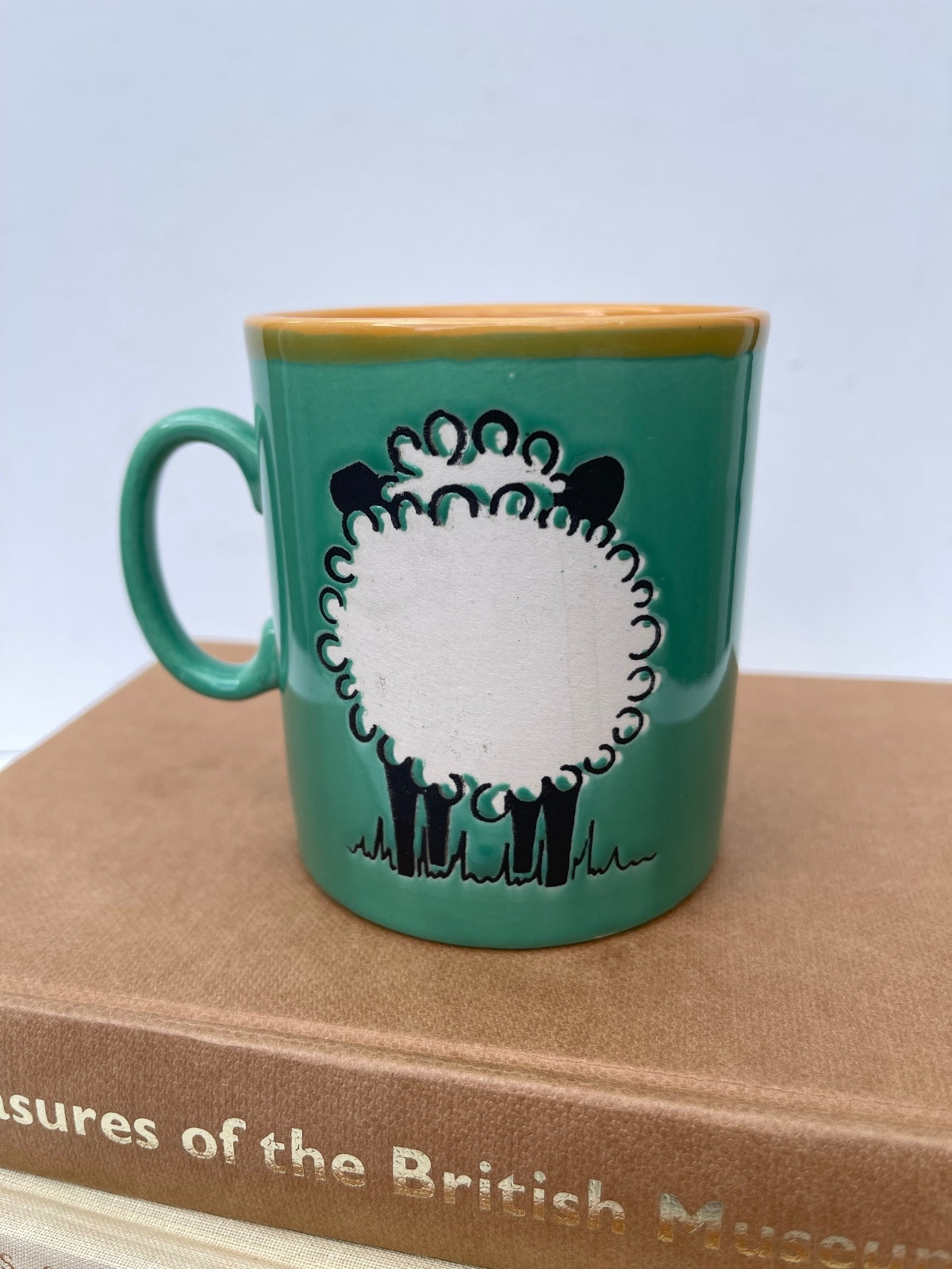 Vintage Just Mugs Front and Rear Cartoon sheep Green Stoneware Mug Made in England