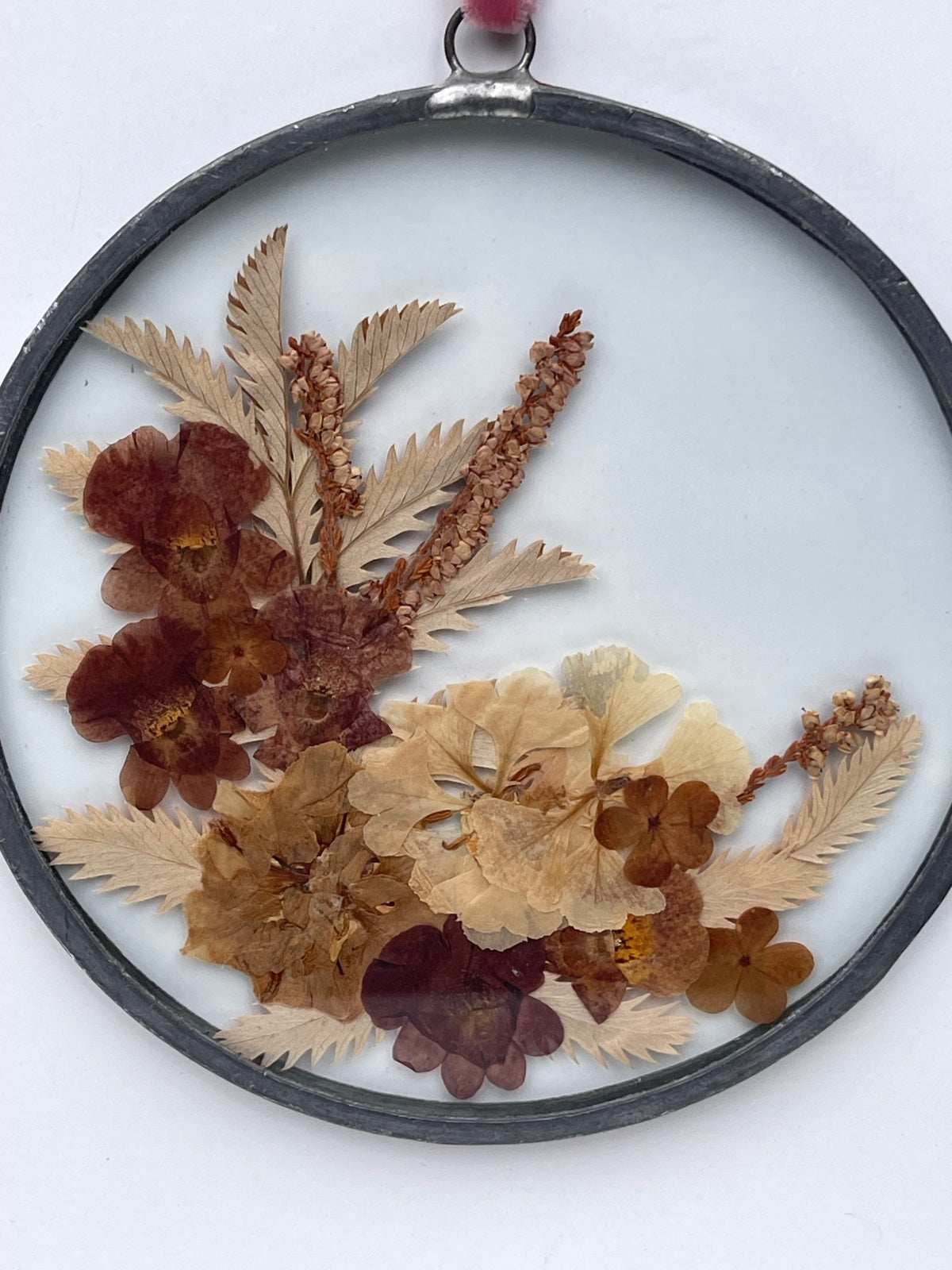 Vintage Pressed Flower Frame: Glass Sun Catcher with pink Ribbon