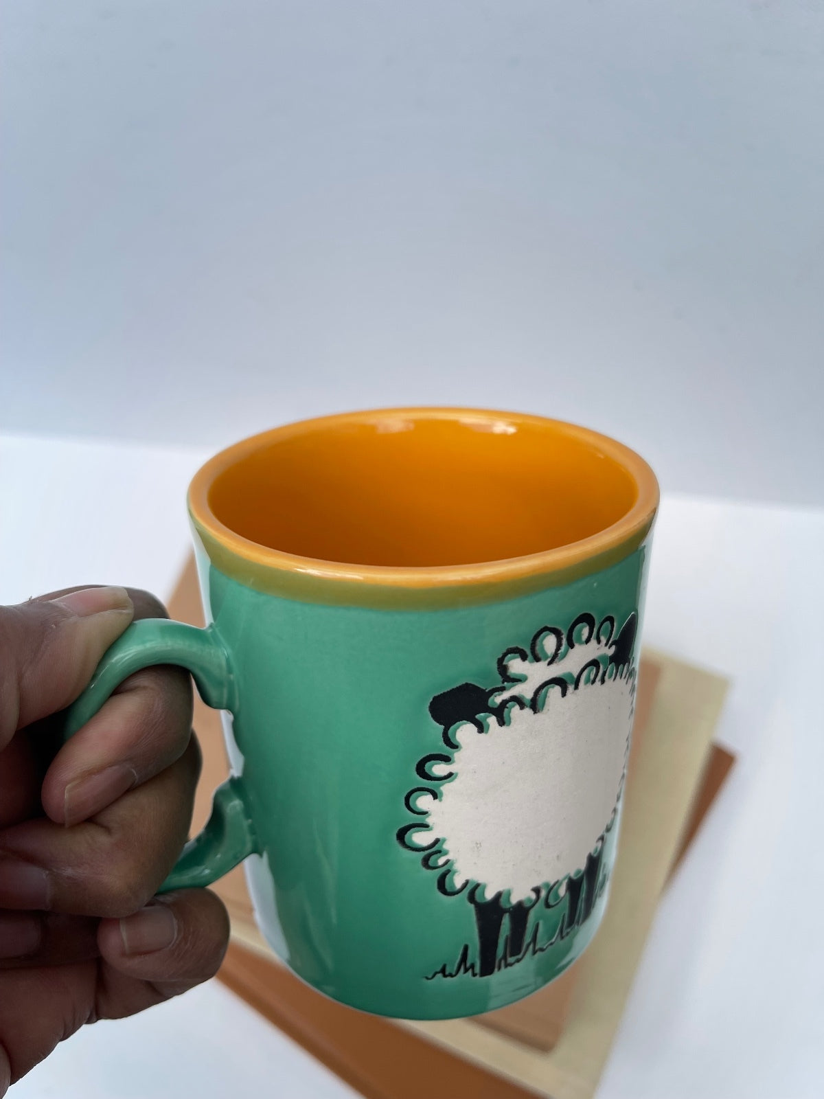 Vintage Just Mugs Front and Rear Cartoon sheep Green Stoneware Mug Made in England