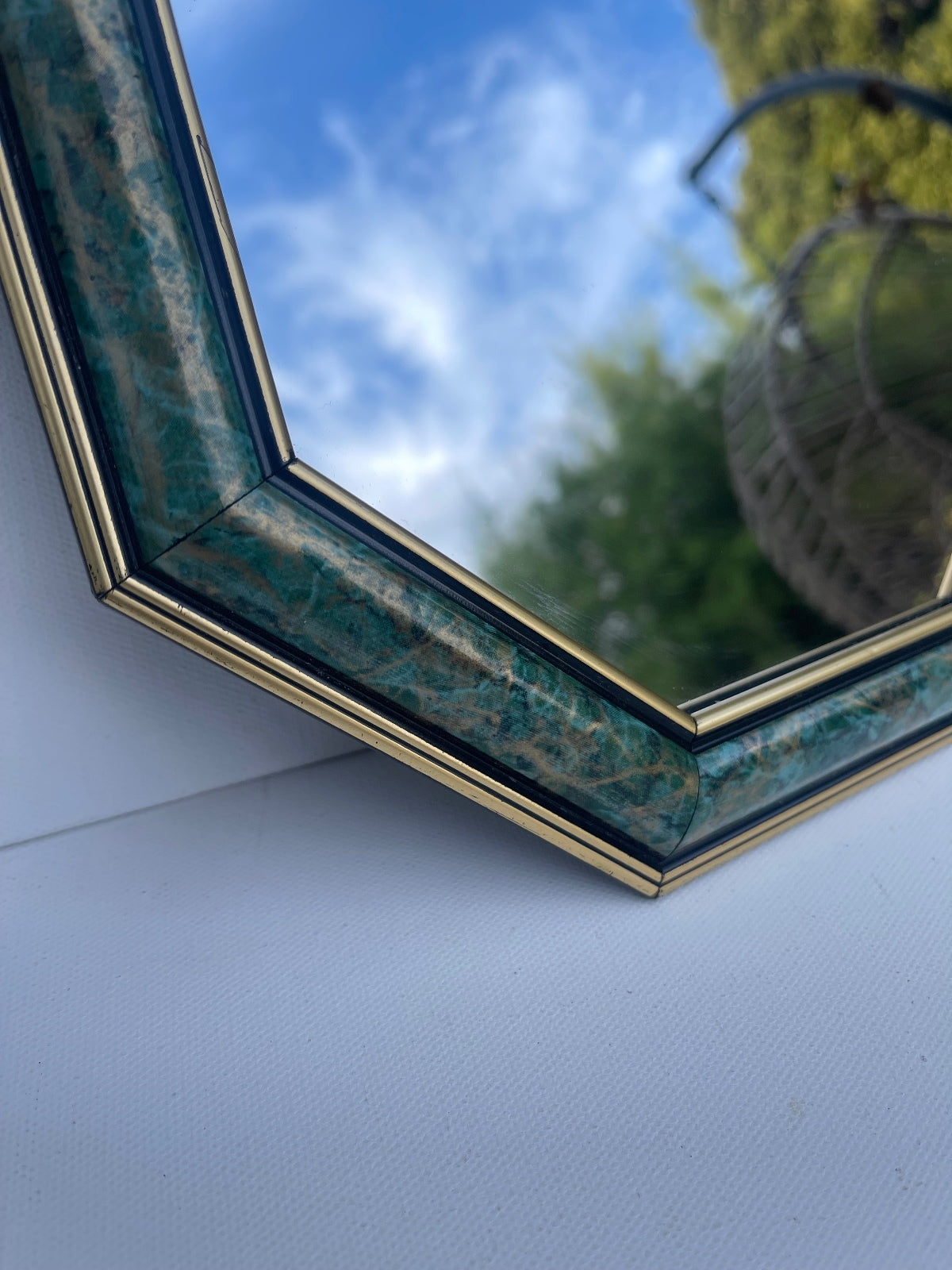 Vintage octagonal Art Deco style wall mirror, never used decorative hanging mirror, geometric statement wall decor, elegant hallway, bedroom or bathroom mirror, vintage home styling and timeless interior accent.