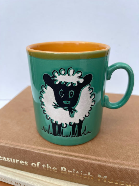 Vintage Just Mugs Front and Rear Cartoon sheep Green Stoneware Mug Made in England