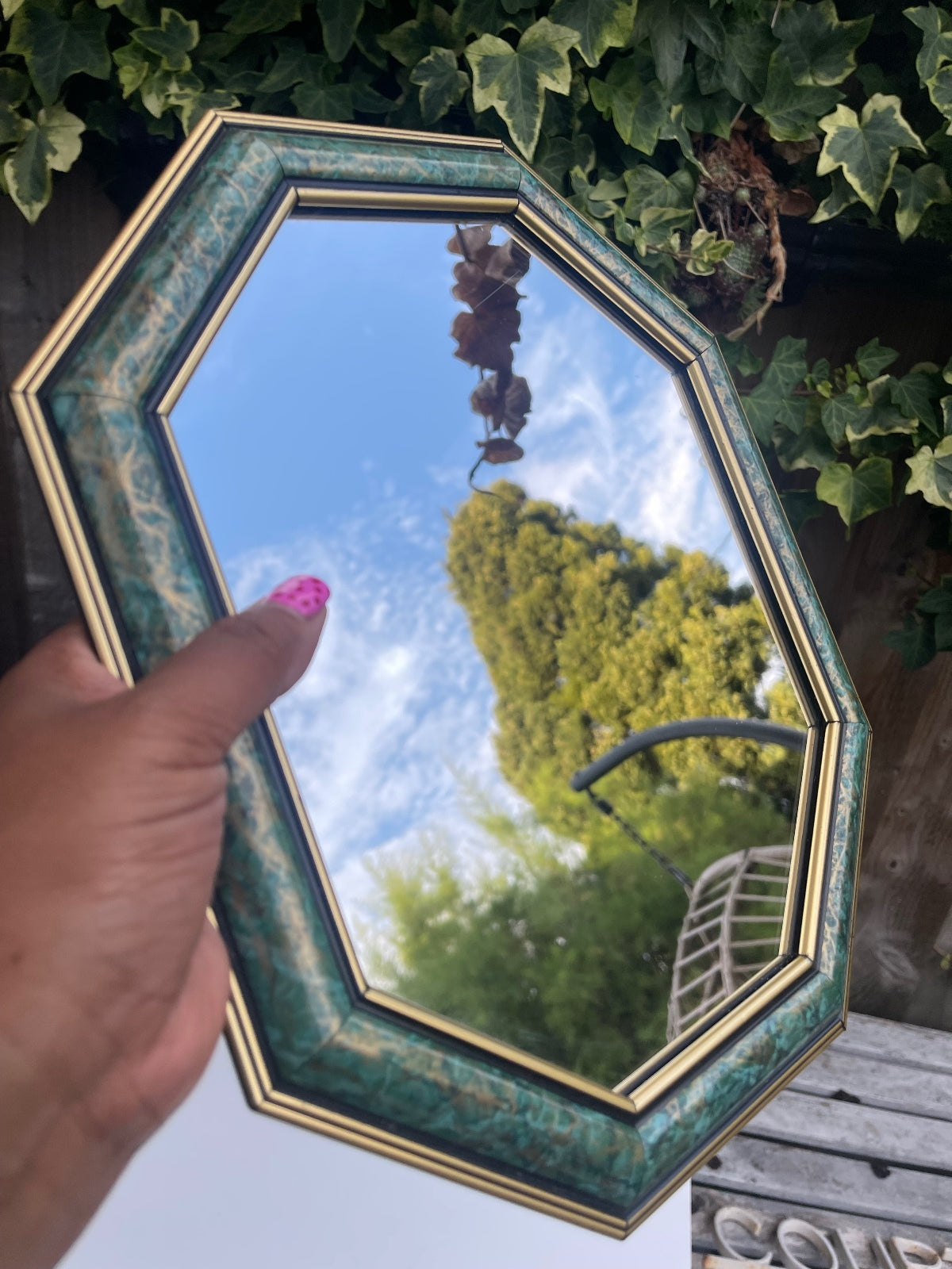 Vintage octagonal Art Deco style wall mirror, never used decorative hanging mirror, geometric statement wall decor, elegant hallway, bedroom or bathroom mirror, vintage home styling and timeless interior accent.