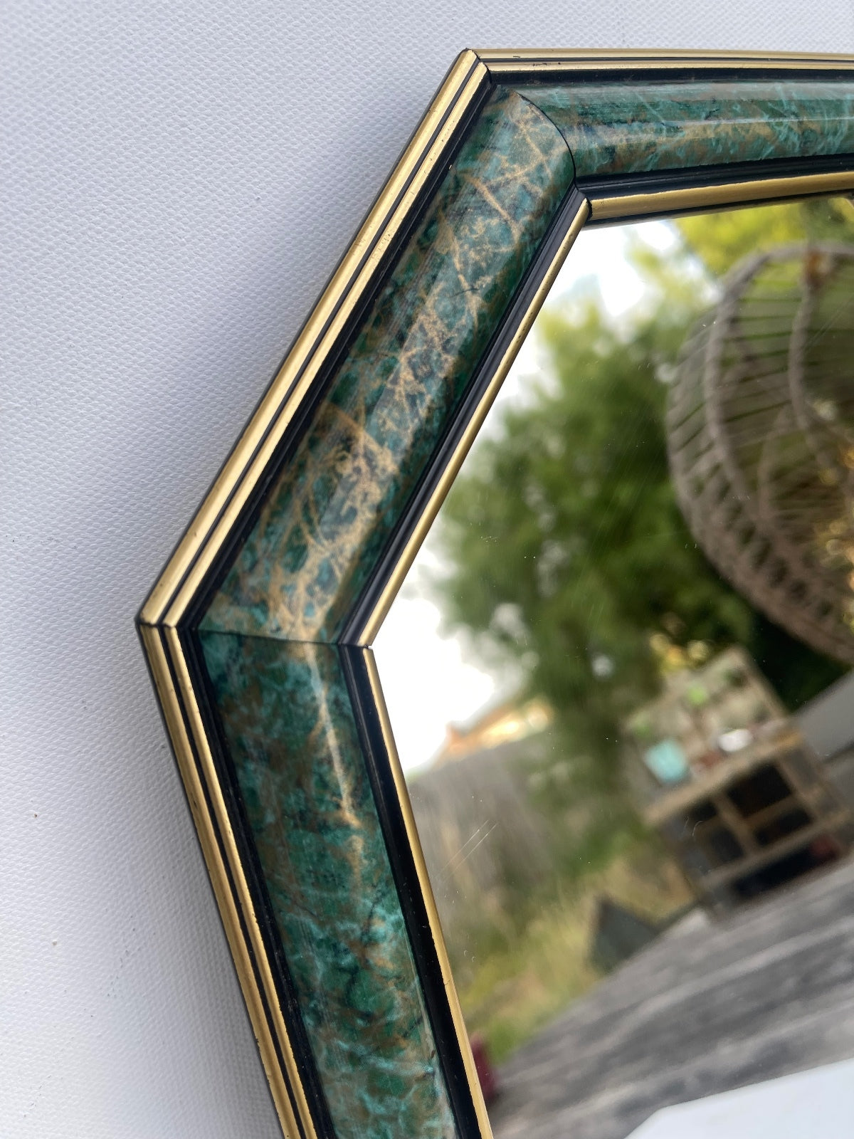 Vintage octagonal Art Deco style wall mirror, never used decorative hanging mirror, geometric statement wall decor, elegant hallway, bedroom or bathroom mirror, vintage home styling and timeless interior accent.