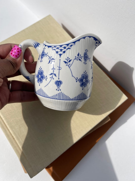 Vintage Furnivals Denmark blue and white creamer jug, English ironstone milk pitcher with classic transferware pattern, cottagecore kitchen decor, farmhouse tableware, collectible vintage china and traditional tea service.