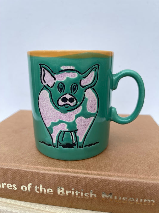 Vintage Just Mugs Front and Rear Cartoon Pig Green Stoneware Mug Made in England