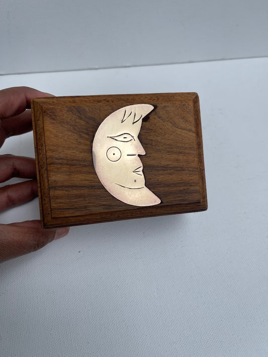 Vintage celestial wooden trinkets box with brass moon spooky decor