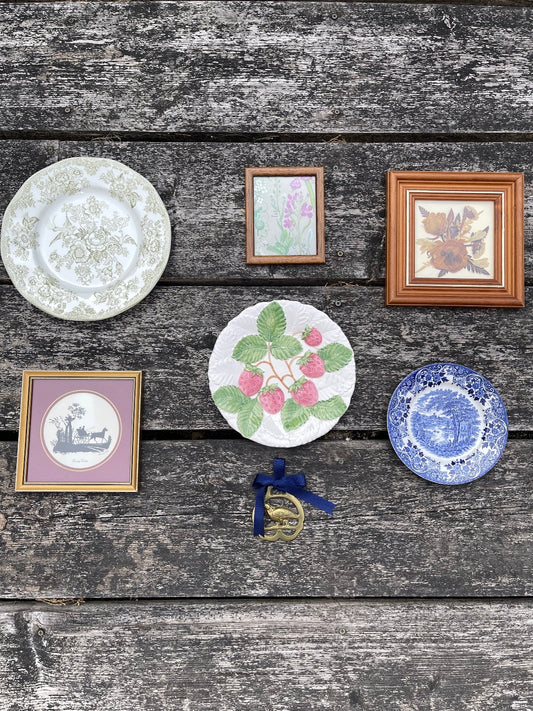 Curated vintage gallery wall collection with framed artwork, mirrors and decorative wall accents, ready-to-hang cottagecore home decor, eclectic vintage wall art set, grandmillennial styling and charming English country interior display.
