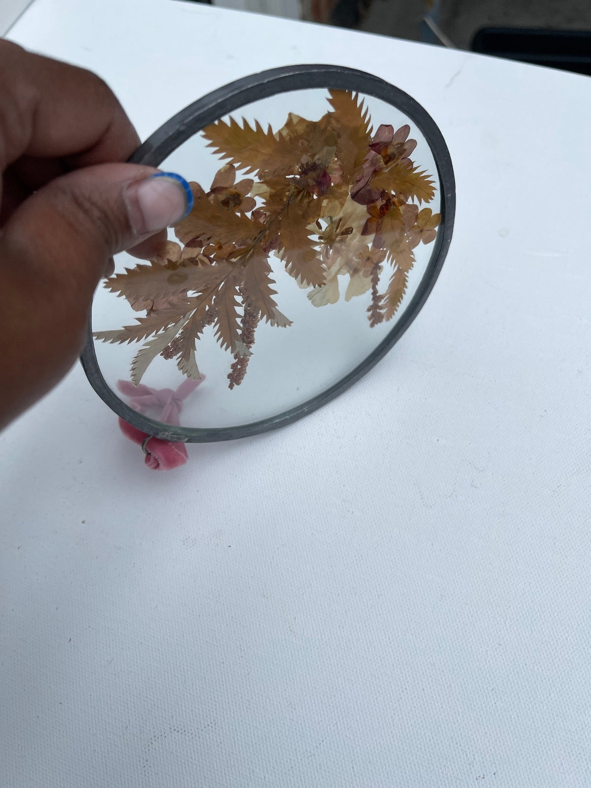 Vintage Pressed Flower Frame: Glass Sun Catcher with pink Ribbon