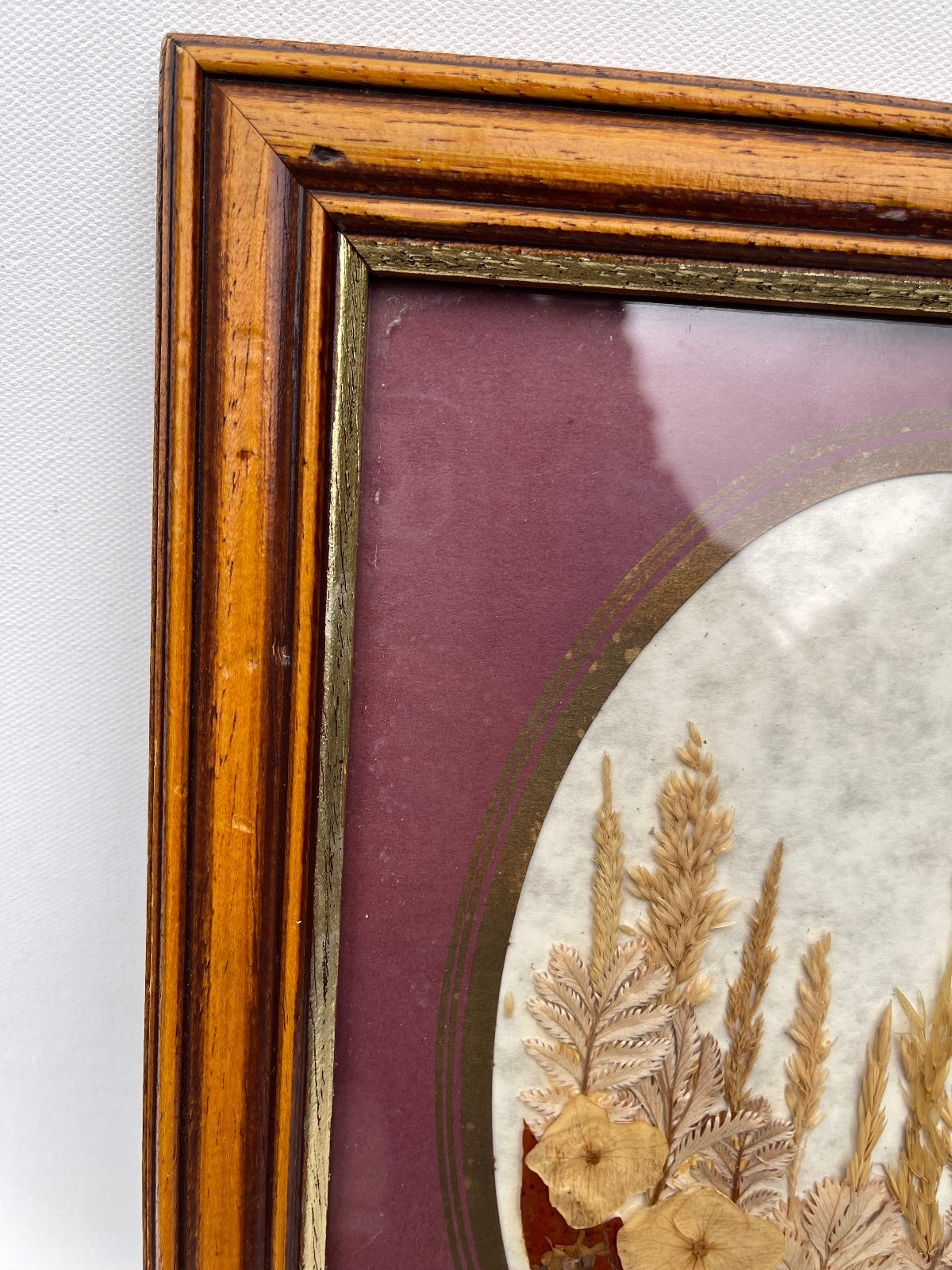 Vintage wooden framed pressed flower display in oval setting